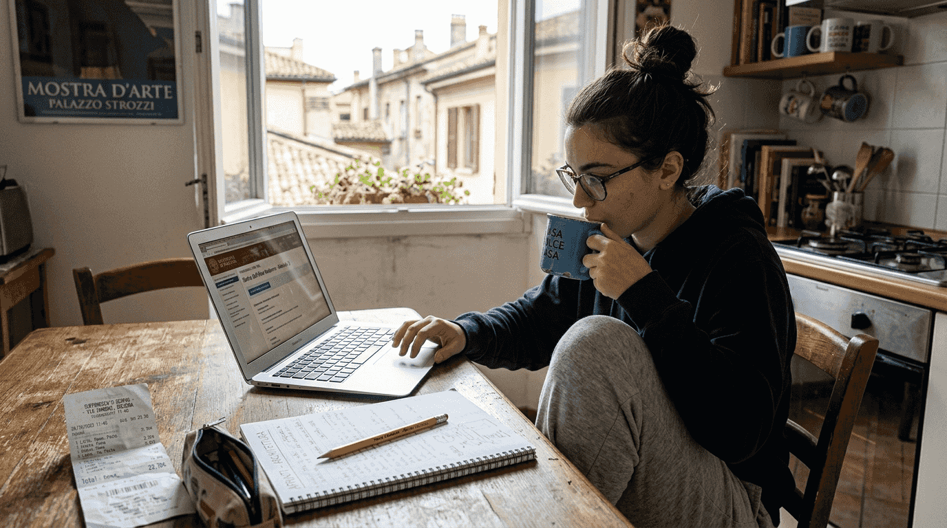 Uno studente che studia al tavolo della cucina con l’aiuto dell’intelligenza artificiale.