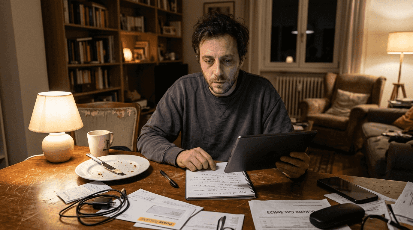 Un adulto che studia con flessibilità da casa, magari la sera dopo il lavoro, trovando il tempo per migliorare le proprie competenze senza rinunciare ai suoi impegni quotidiani.