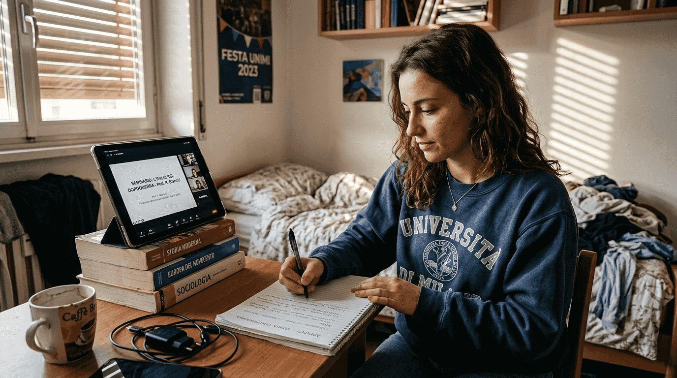 Studentessa universitaria che partecipa a un seminario online seduta alla propria scrivania.