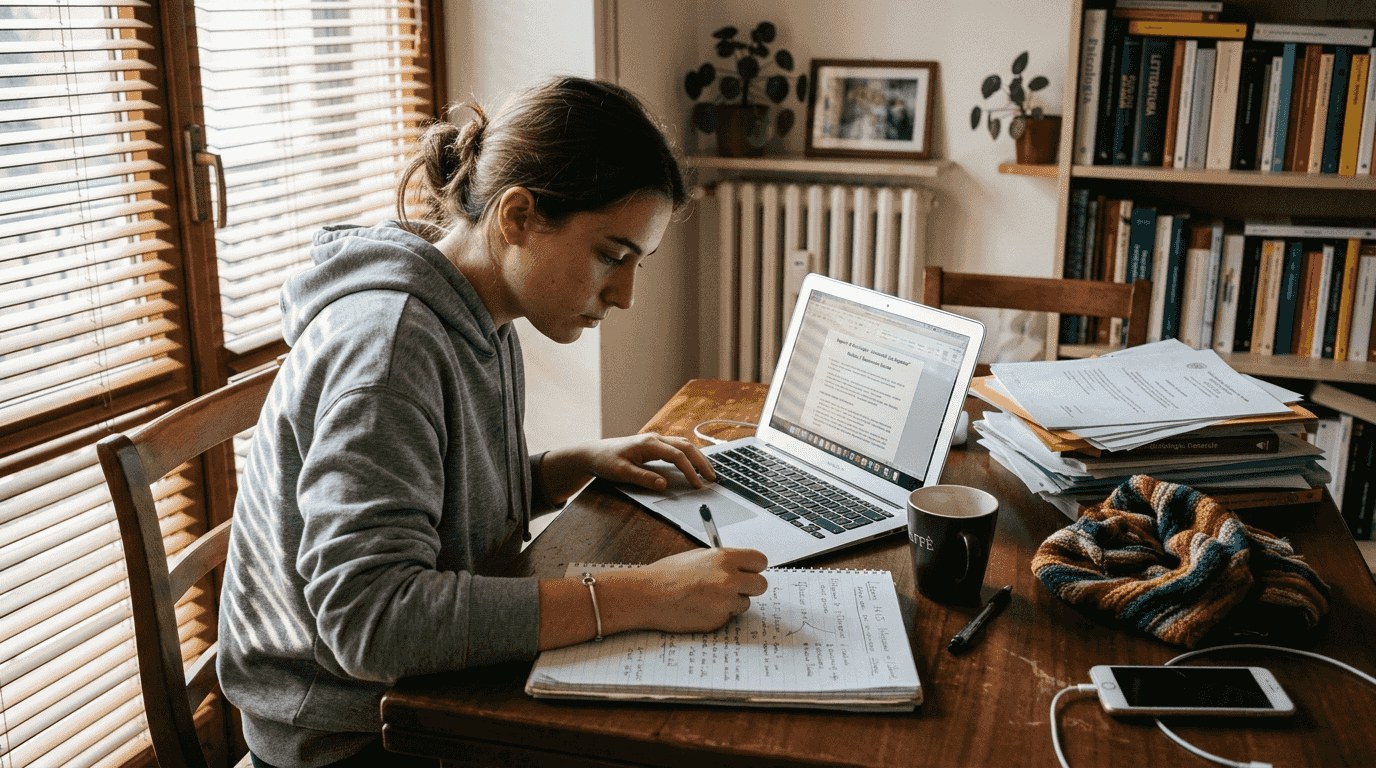Una ragazza si dedica allo studio online seduta al tavolo di casa.