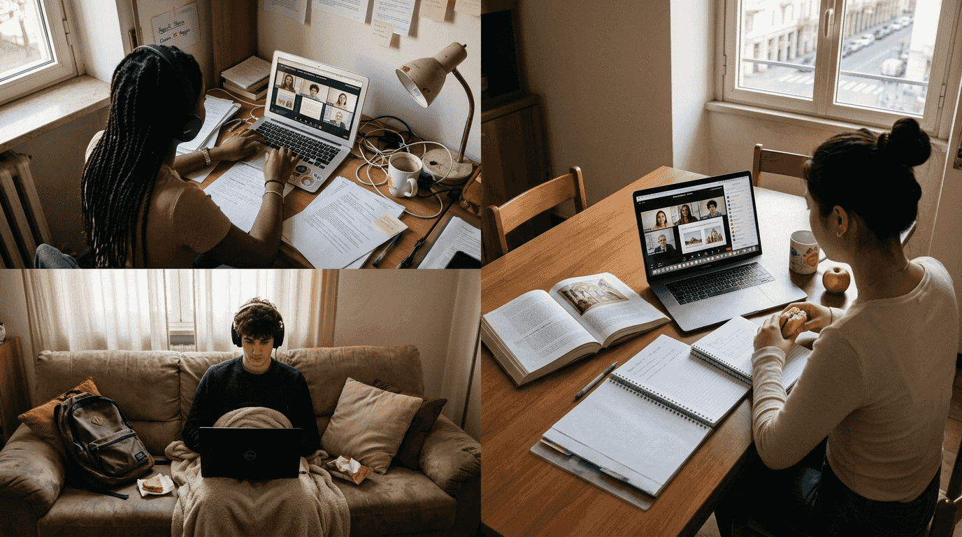 Ragazzi che seguono le lezioni online da casa, ognuno nella propria realtà domestica