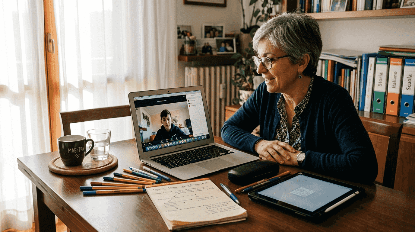 Scena di una lezione online tra insegnante e studente