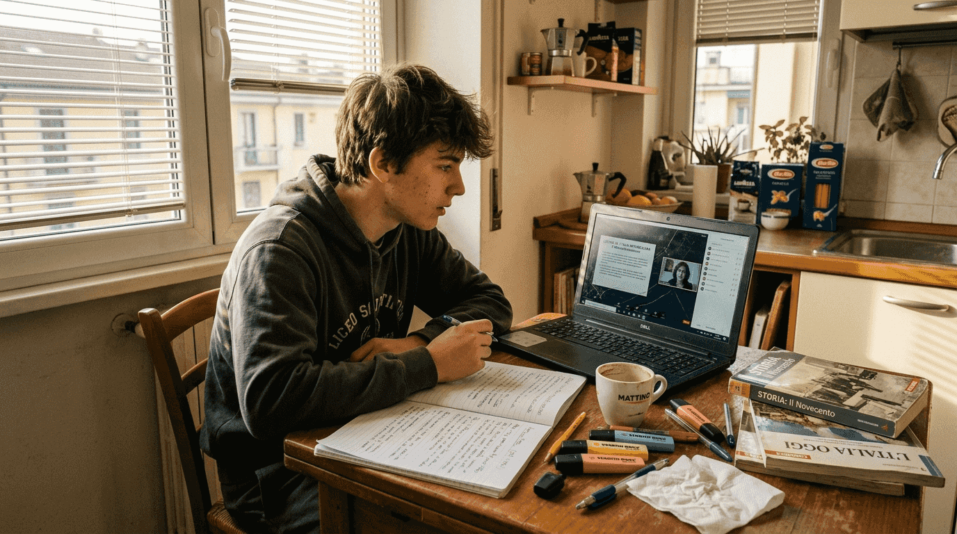 Un adolescente alle prese con lo studio online seduto al tavolo della cucina, sommerso da libri, quaderni e un po’ di disordine.