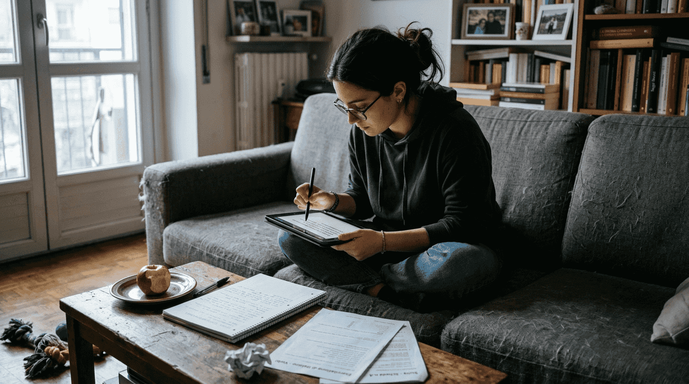 Uno studente si dedica all'apprendimento attivo comodamente seduto sul divano, utilizzando il tablet per approfondire le sue conoscenze.