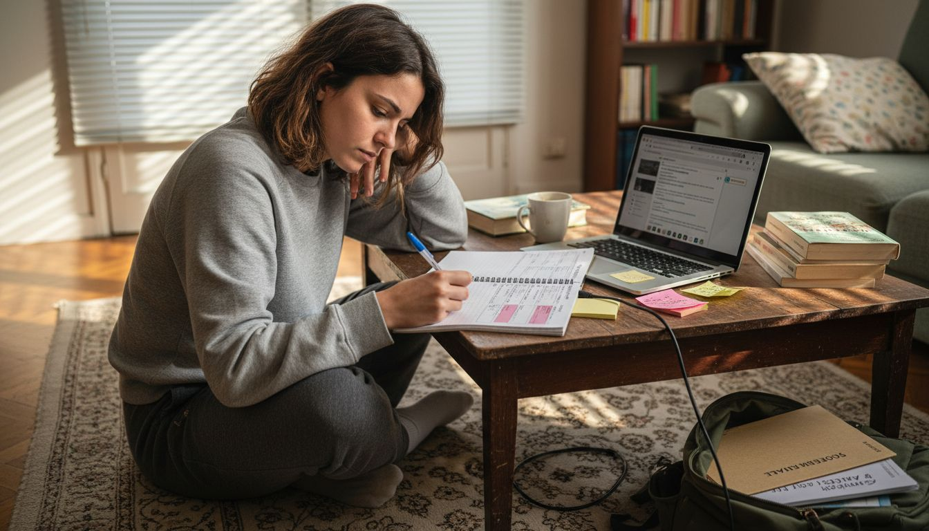 Uno studente organizza il proprio tempo di studio seduto sul pavimento del salotto, circondato da libri e appunti.