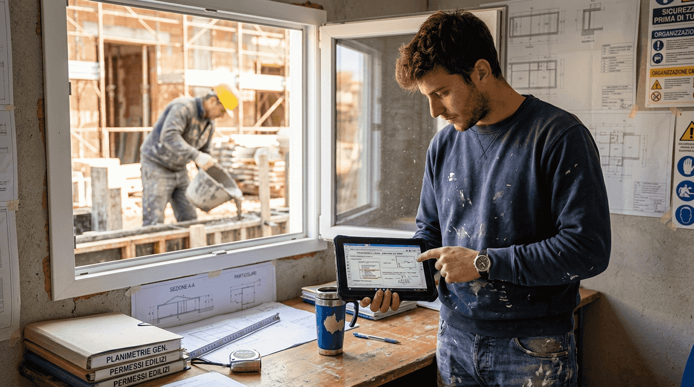 Il responsabile del cantiere verifica i progetti dal tablet nel suo ufficio mobile.