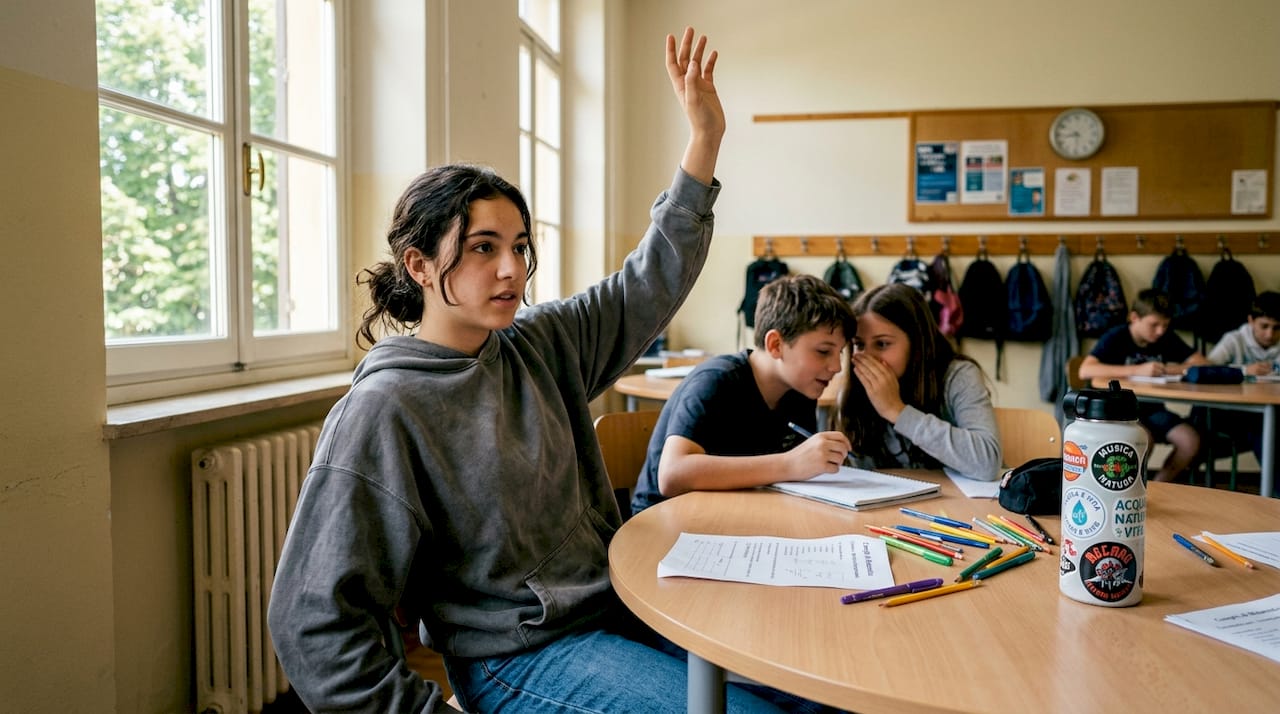 Uno studente alza la mano per fare una domanda durante la lezione, nella luce vivace dell’aula.