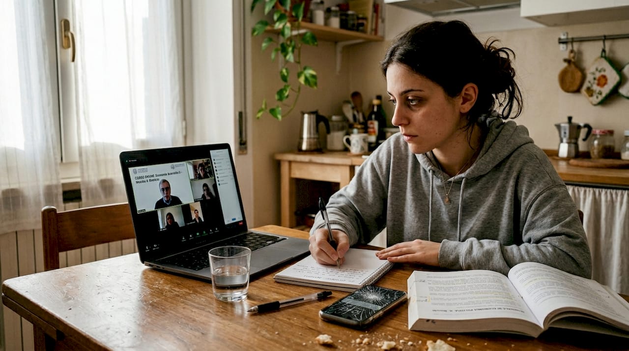 Uno studente segue una lezione online comodamente da casa, in un ambiente informale e rilassato.
