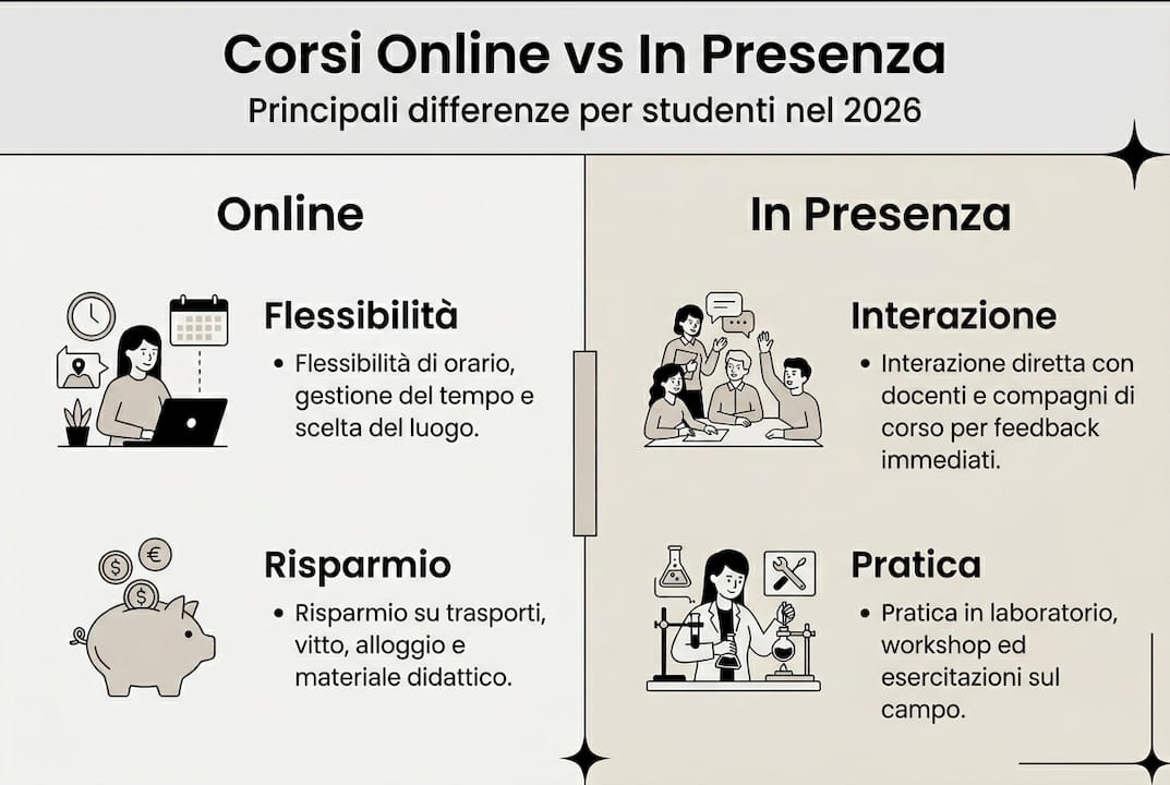 Infografica: pro e contro dei corsi online rispetto alle lezioni in aula