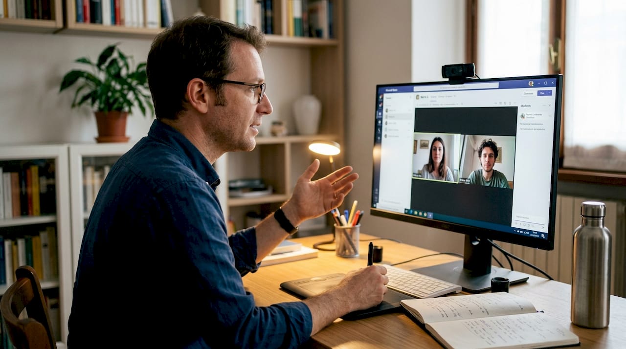 L’insegnante tiene una lezione online coinvolgente e partecipata.