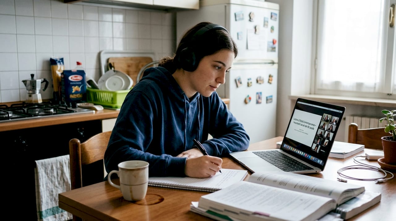 Una ragazza sta seguendo una lezione online comodamente da casa.