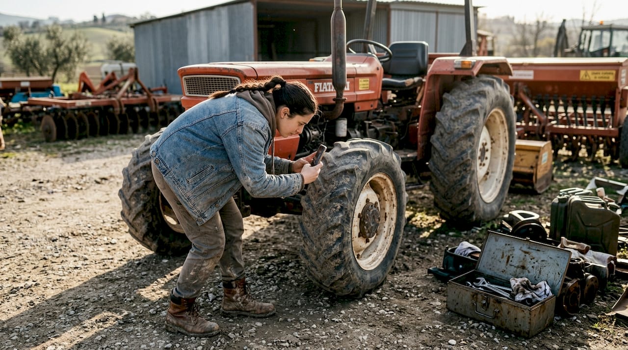 Operaio che fotografa i particolari dell’usura di un trattore