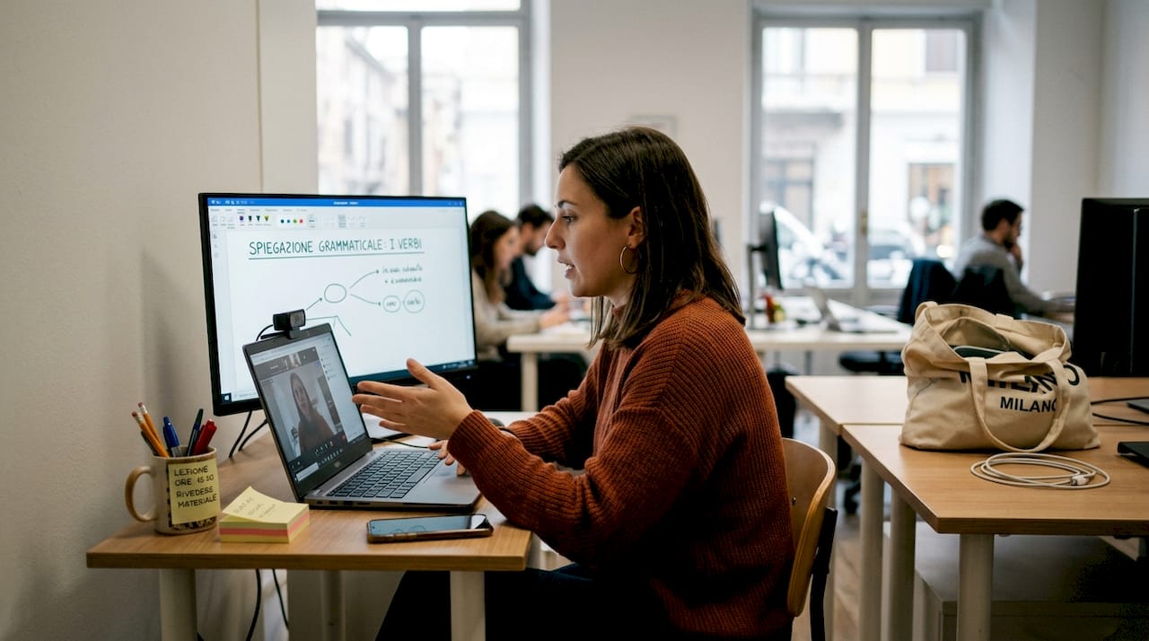 Lezione online con il tutor che guida gli studenti utilizzando una lavagna digitale interattiva.