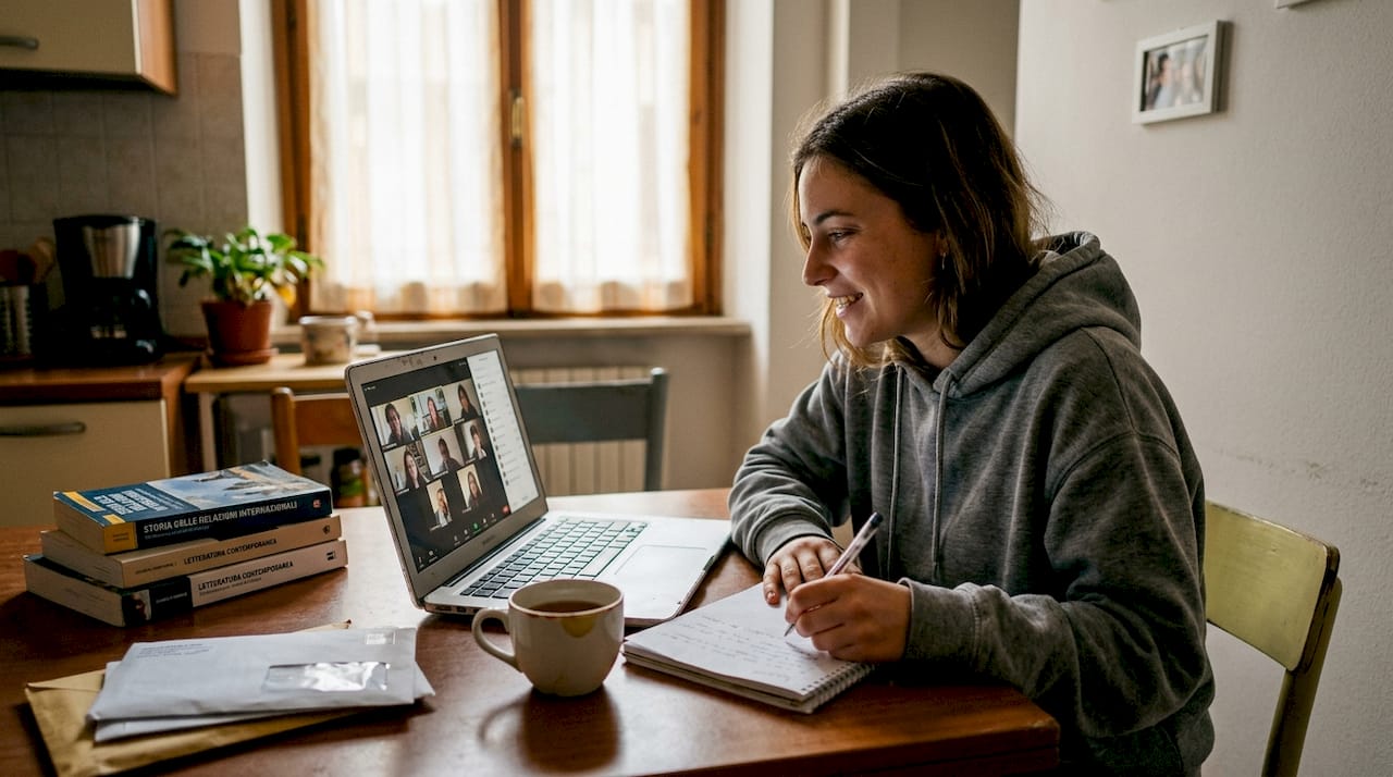 Studente che partecipa attivamente a una chiamata della community online