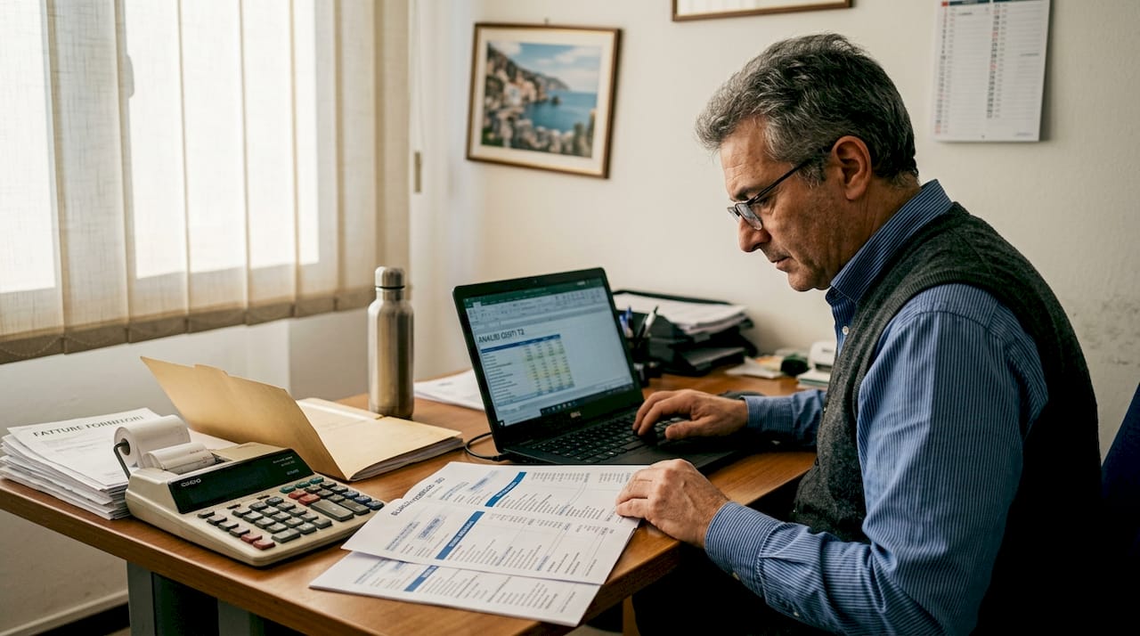 Un contabile esamina attentamente le spese all’interno dell’ufficio amministrativo, verificando ogni voce per garantire una gestione finanziaria precisa ed efficiente.