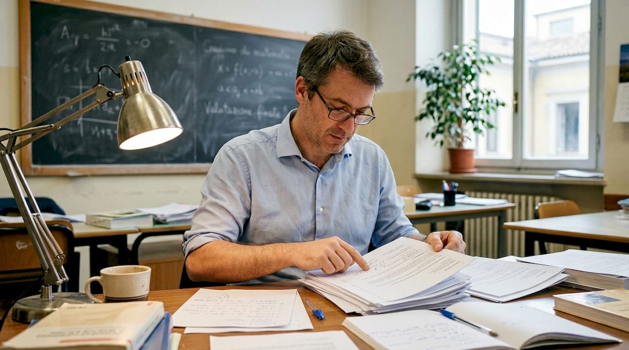 L’insegnante controlla i registri e i documenti relativi agli studenti.