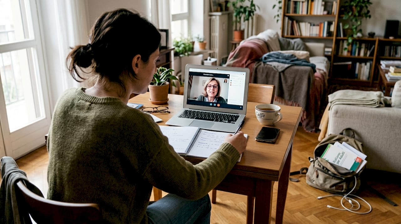 Un adulto impegnato in una videochiamata con il suo insegnante per una lezione.