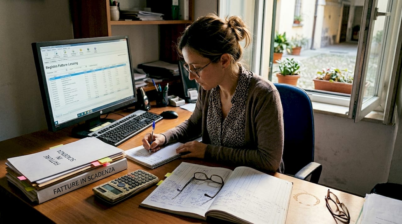 Un commercialista che analizza fatture di leasing e documenti fiscali per garantire la correttezza delle operazioni e il rispetto delle normative.