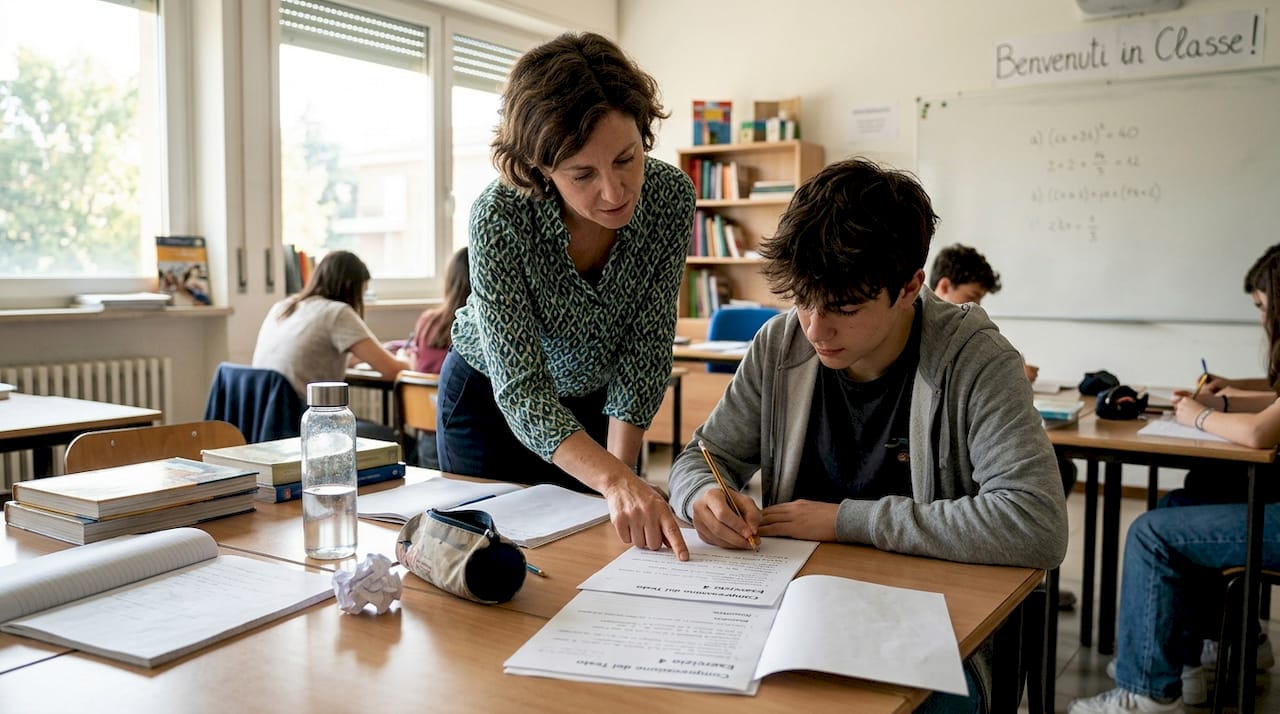 Un insegnante che affianca e sostiene uno studente durante le lezioni in classe.