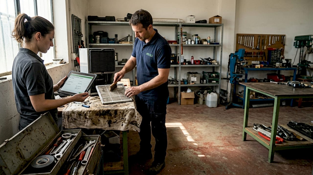 Gli addetti stanno effettuando la manutenzione delle attrezzature all'interno della serra.