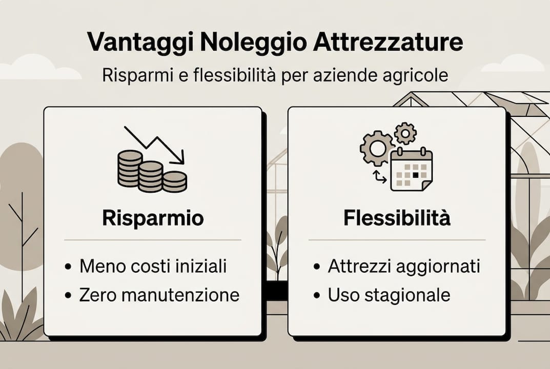 Scopri tutti i vantaggi e le opportunità di risparmio che offre il noleggio delle attrezzature per serre con la nostra infografica: soluzioni pratiche, flessibili e pensate per ottimizzare il tuo lavoro in serra senza investimenti eccessivi.