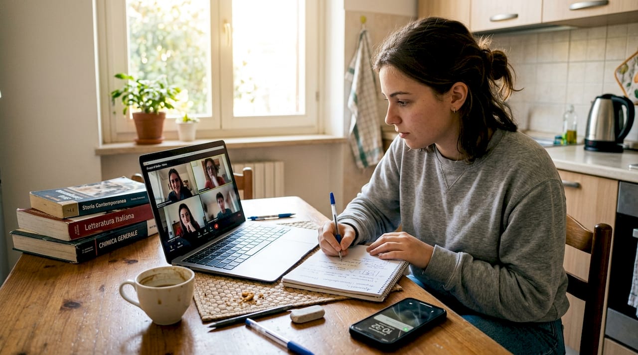 Studente che partecipa attivamente a uno studio di gruppo online, comodamente da casa.
