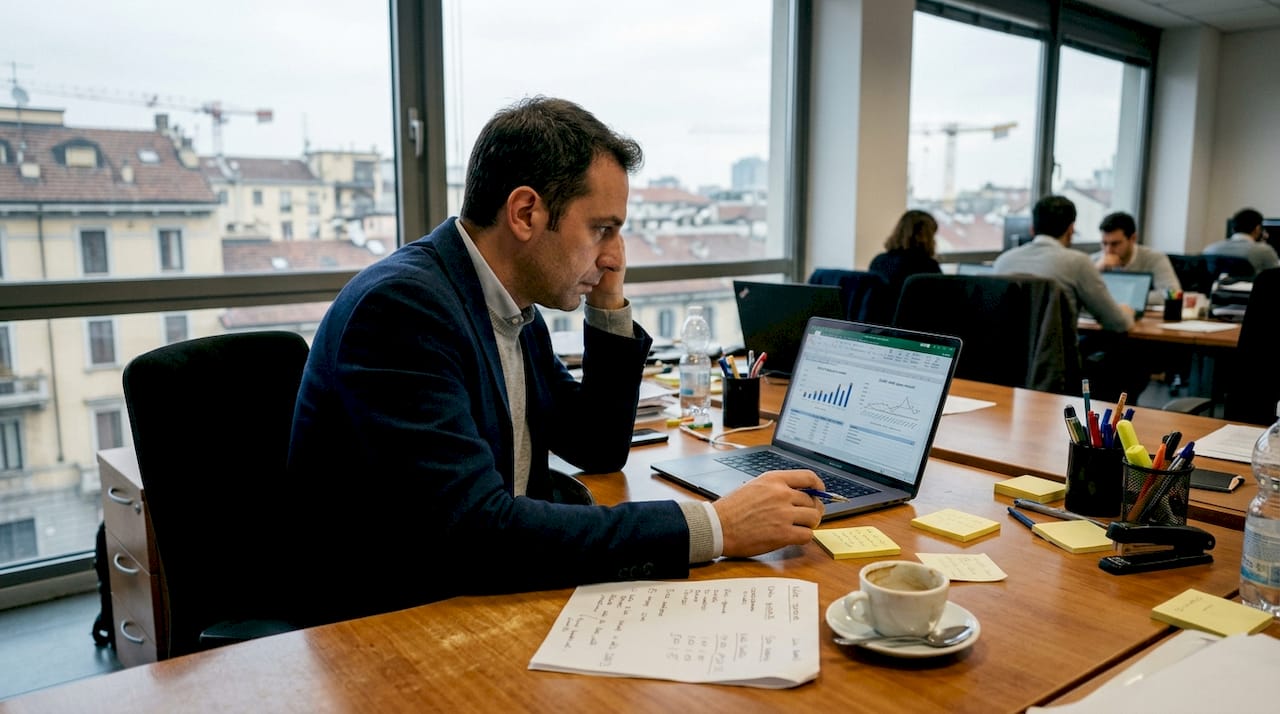 Uomo intento a controllare le spese tra documenti e scartoffie sulla scrivania affollata