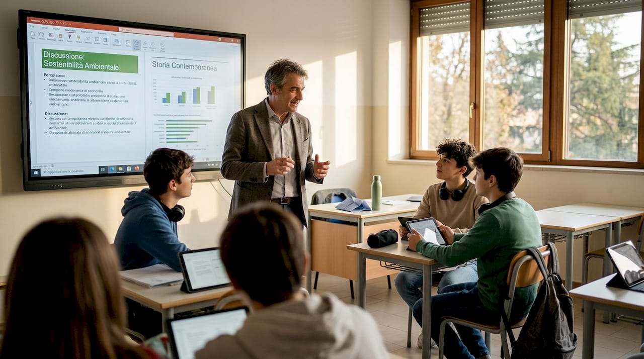 Un insegnante conduce una lezione digitale direttamente in classe, coinvolgendo gli studenti con l’uso delle nuove tecnologie.