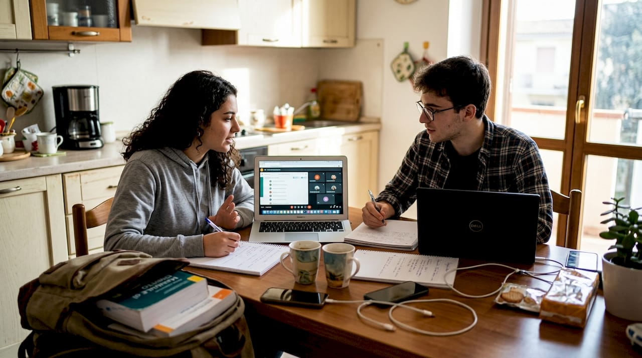 Gli studenti lavorano insieme da casa utilizzando i loro laptop.