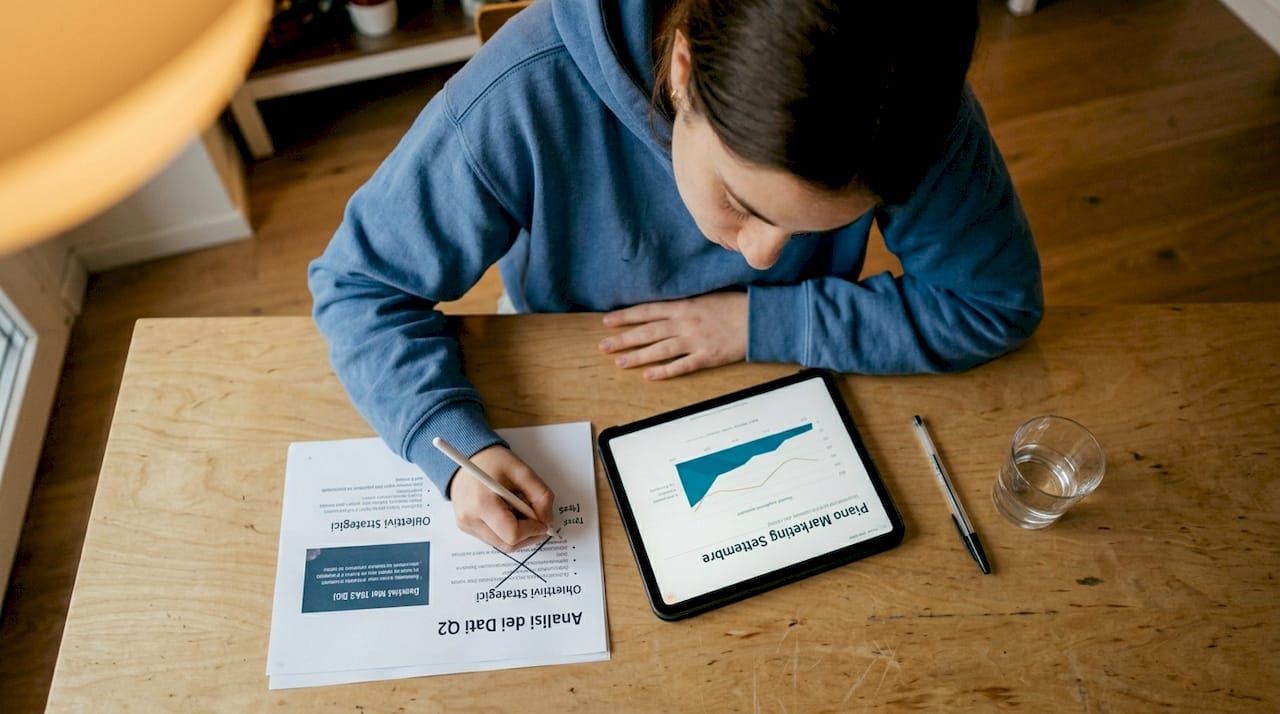 Una donna sta rivedendo le slide dell’esame per correggere eventuali errori.