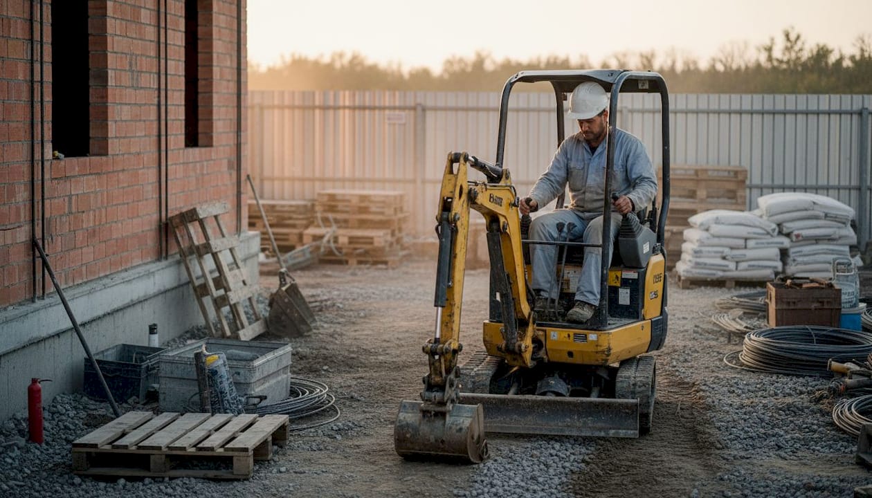 L’operatore mette a punto l’escavatore a noleggio direttamente in cantiere.