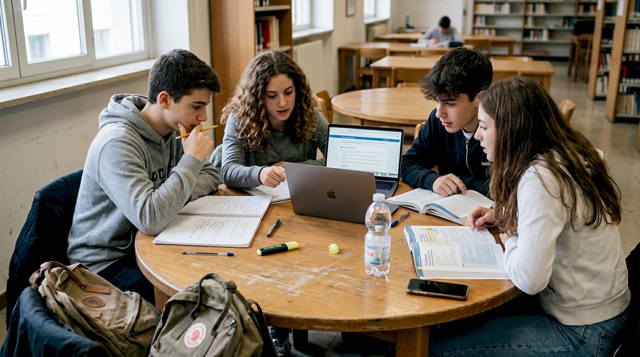 Ragazzi che lavorano insieme seduti attorno a un tavolo in classe