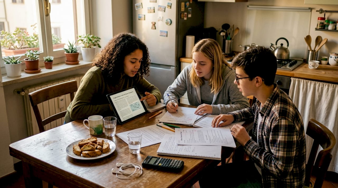 Un gruppo di ragazzi studia insieme seduto attorno al tavolo della cucina di casa.