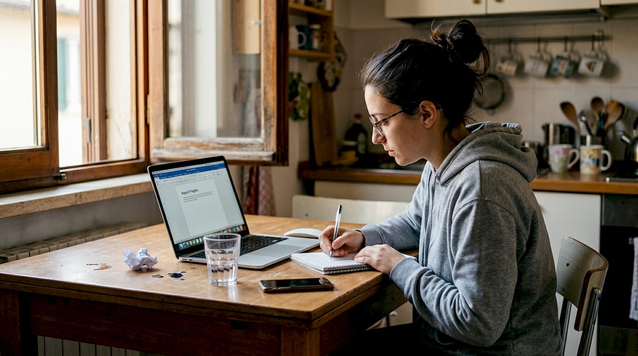 Donna che studia da casa al computer per ottenere il diploma