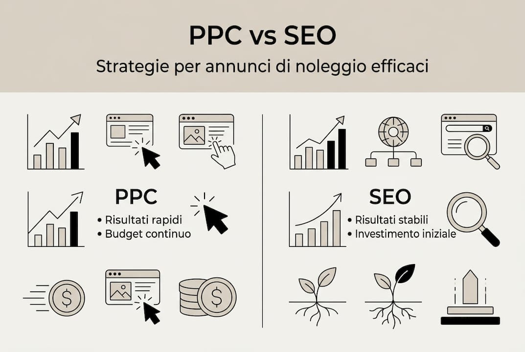 Infografica: confronto tra strategie PPC e SEO per il settore del noleggio