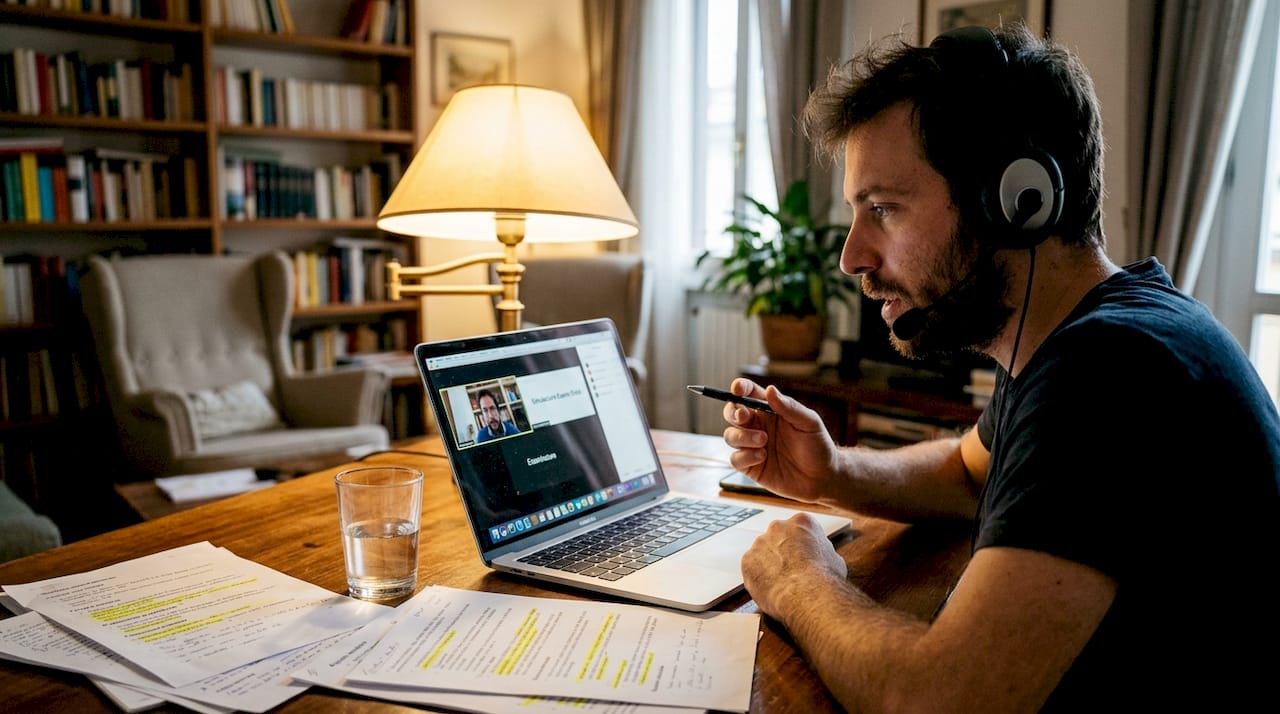 Un uomo si esercita con una simulazione orale d’esame al computer.