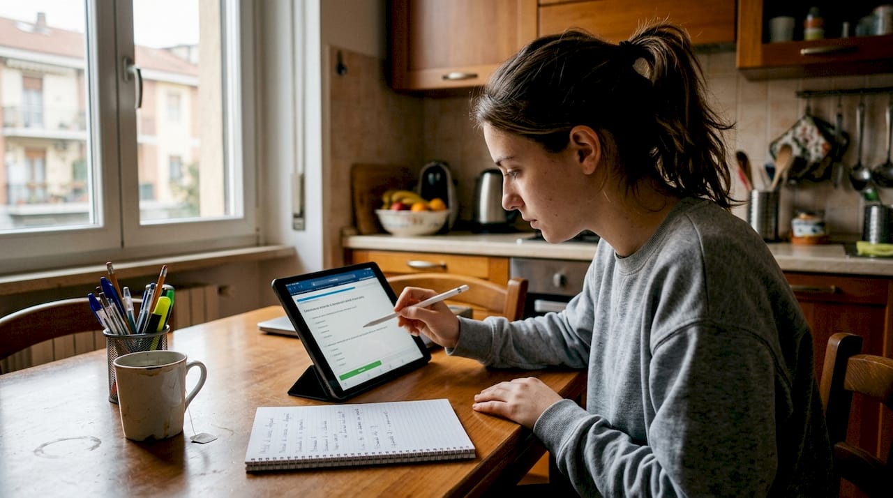 Una studentessa si prepara all’esame facendo una simulazione online direttamente in cucina.