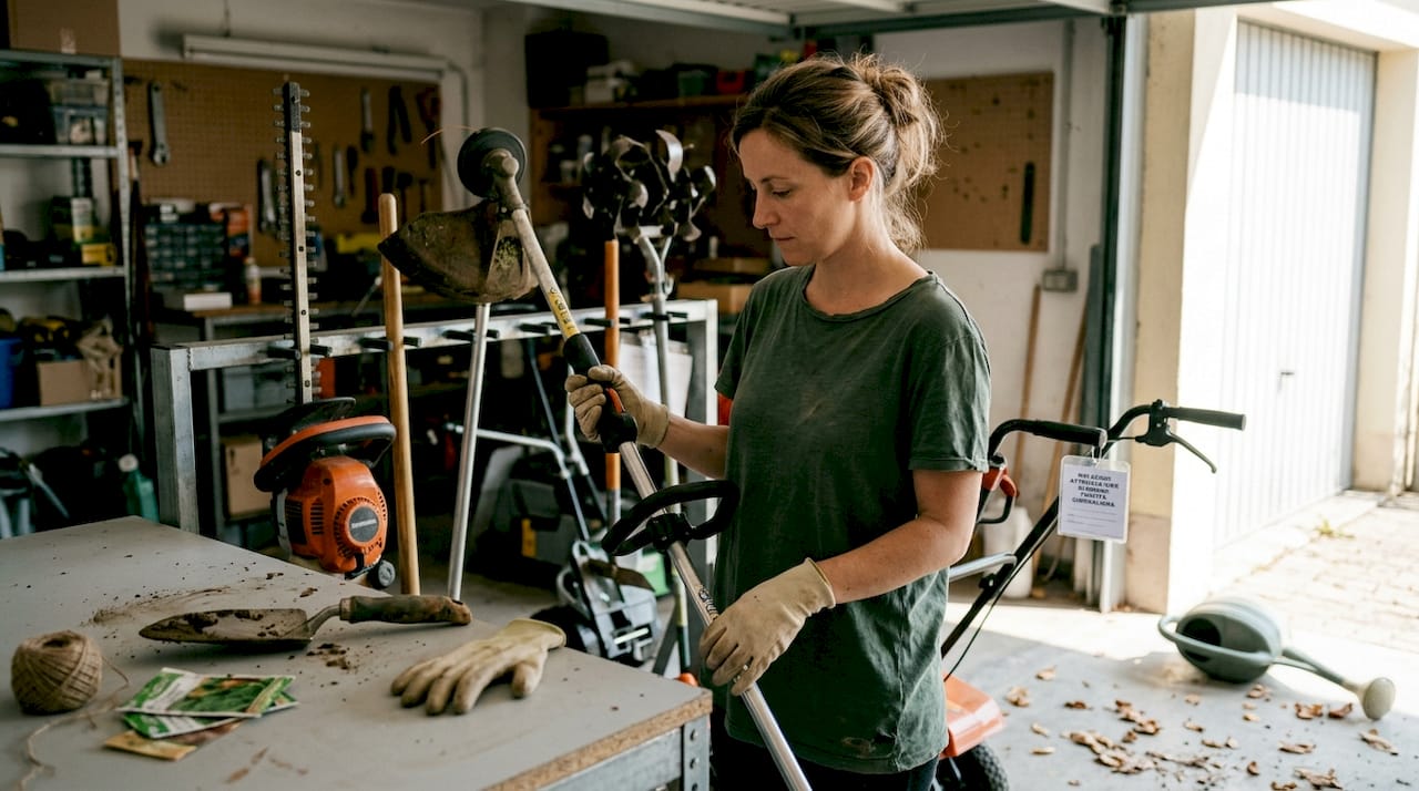 Donna che valuta diversi attrezzi da giardino a noleggio nel proprio garage