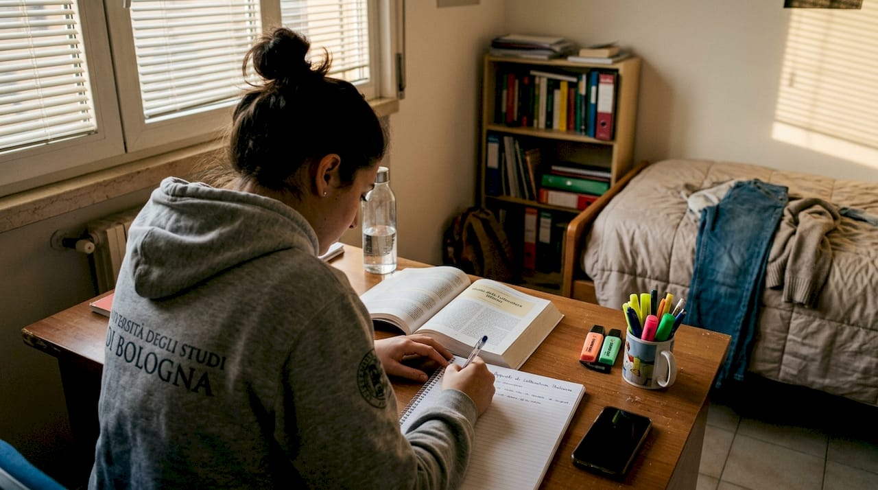 Uno studente immerso nei libri e appunti, seduto alla sua scrivania di casa piena di oggetti sparsi e disordine, cerca di concentrarsi sullo studio nonostante il caos che lo circonda.