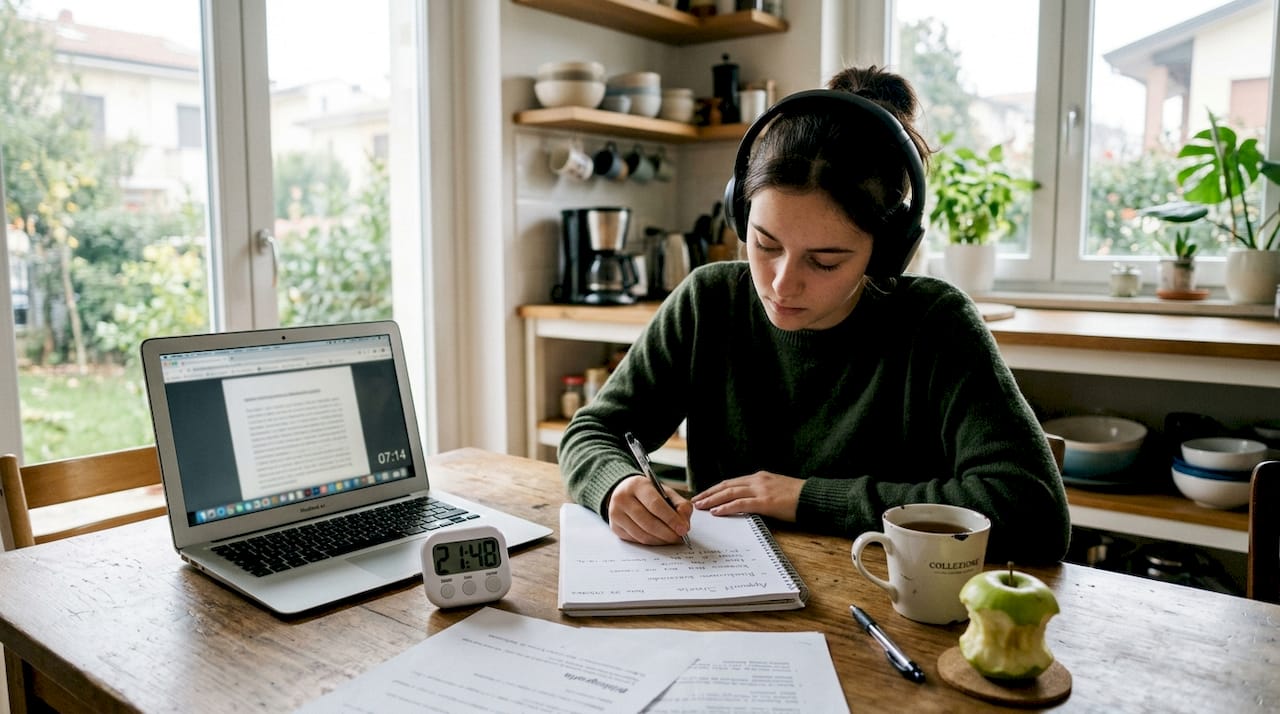 Uno studente che utilizza un timer per organizzare meglio il tempo di studio e mantenere la concentrazione.