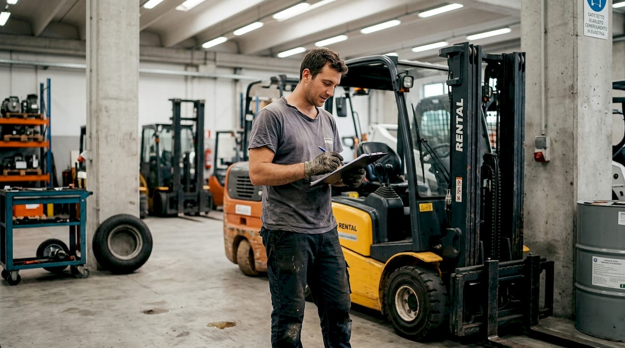 Tecnico al lavoro per controllare la manutenzione delle attrezzature a noleggio