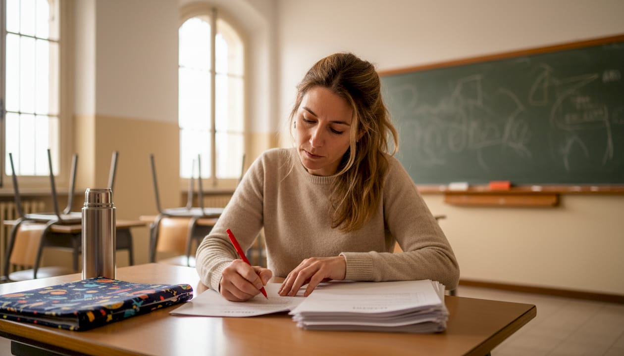 L’insegnante controlla i compiti degli studenti seduto al tavolo in classe.