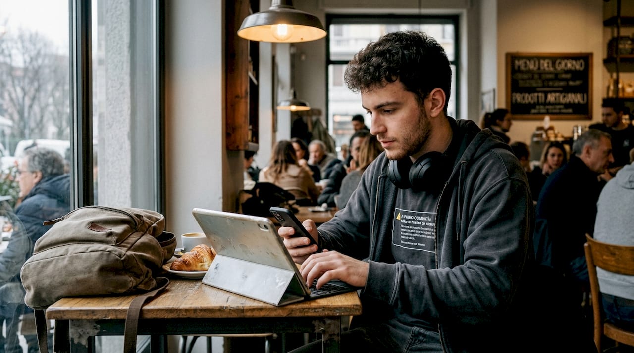Un giovane seduto al tavolino di un bar, intento a gestire le notifiche e i messaggi sul suo smartphone tra un caffè e l’altro.