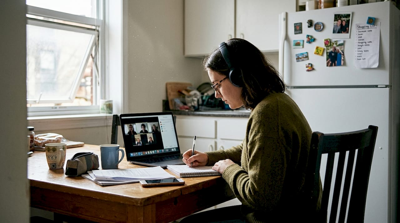 Studente che partecipa a incontri di networking online comodamente da casa