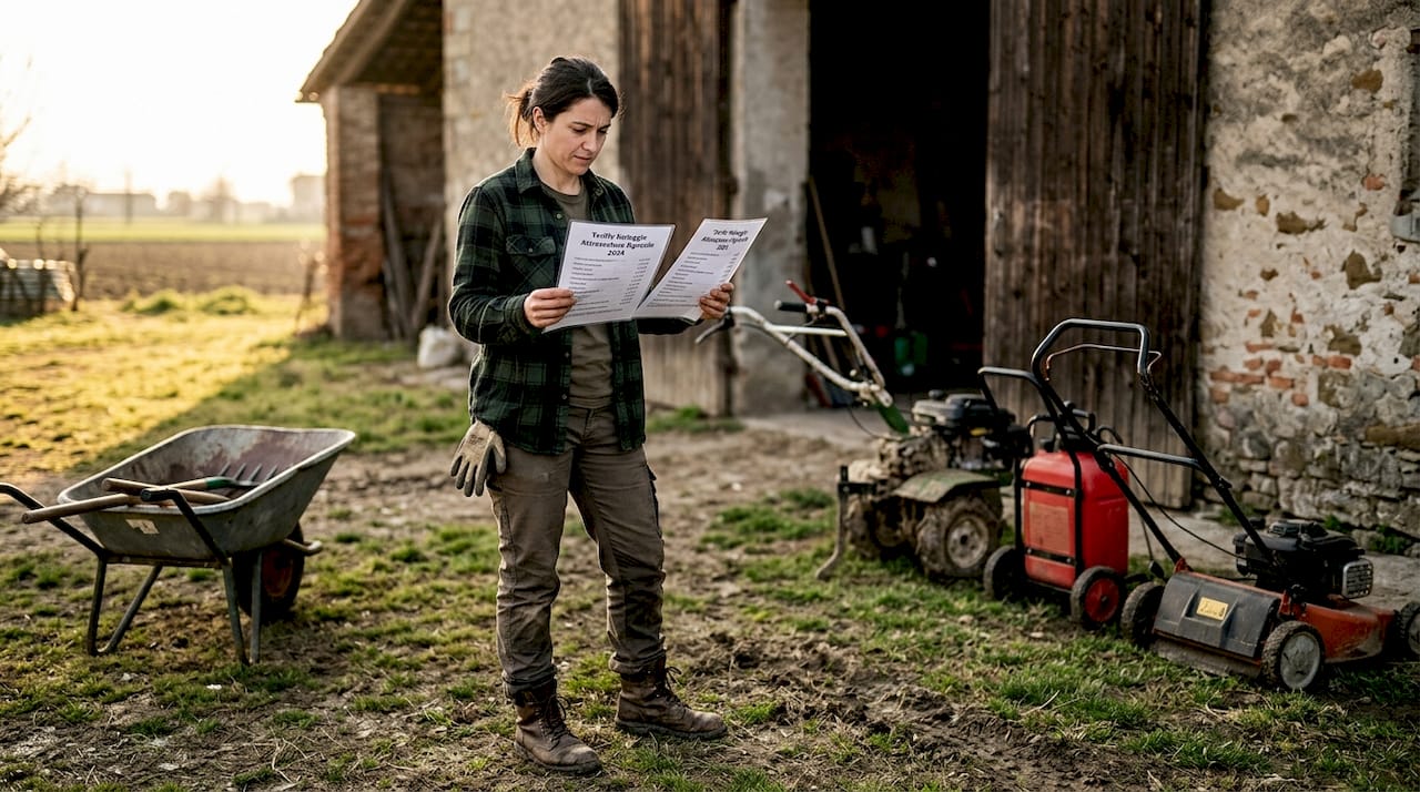 Una donna valuta diverse soluzioni di noleggio per attrezzi agricoli, confrontando prezzi e caratteristiche per scegliere l'opzione più conveniente.