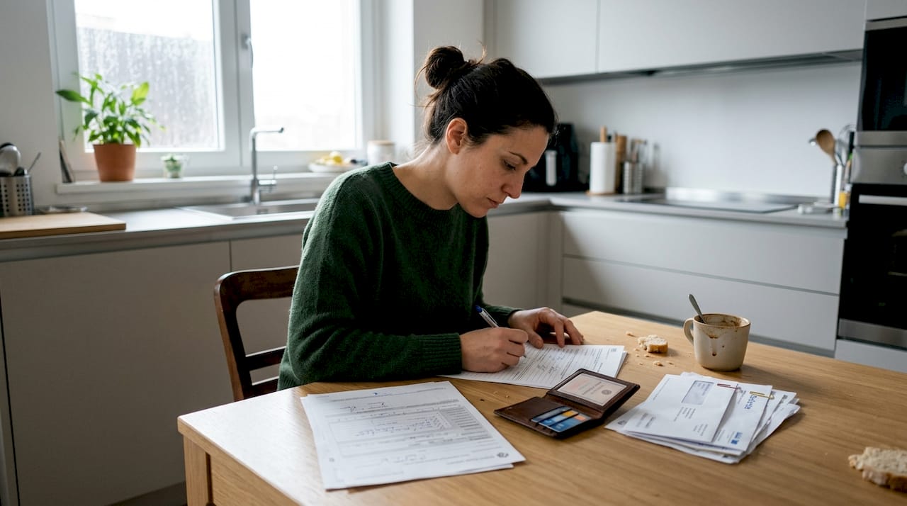 Una donna verifica attentamente i documenti prima di firmare il contratto di noleggio.
