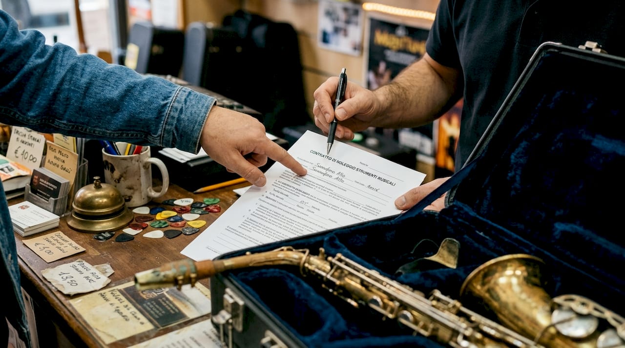Mani che controllano attentamente un contratto di noleggio per uno strumento musicale