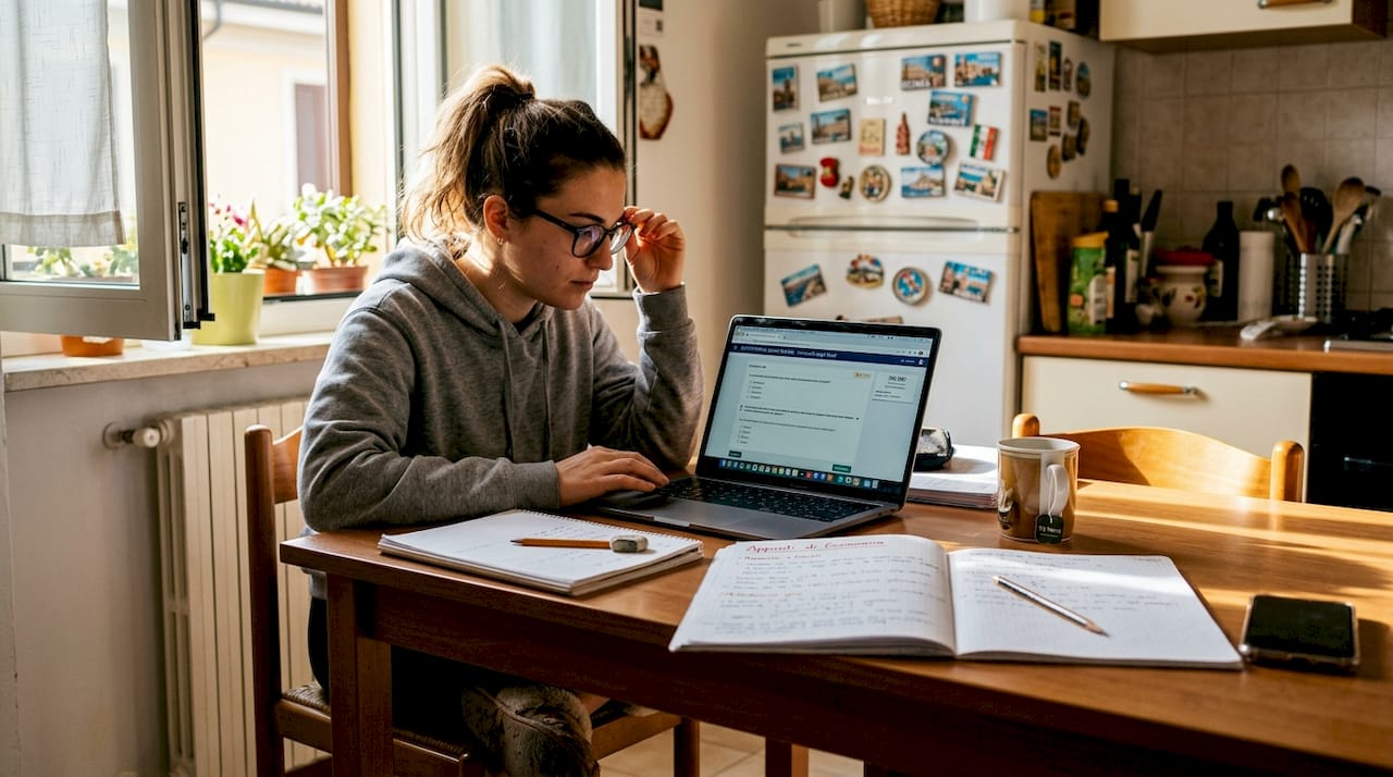 Una ragazza si sta preparando per un esame online direttamente dal salotto di casa.