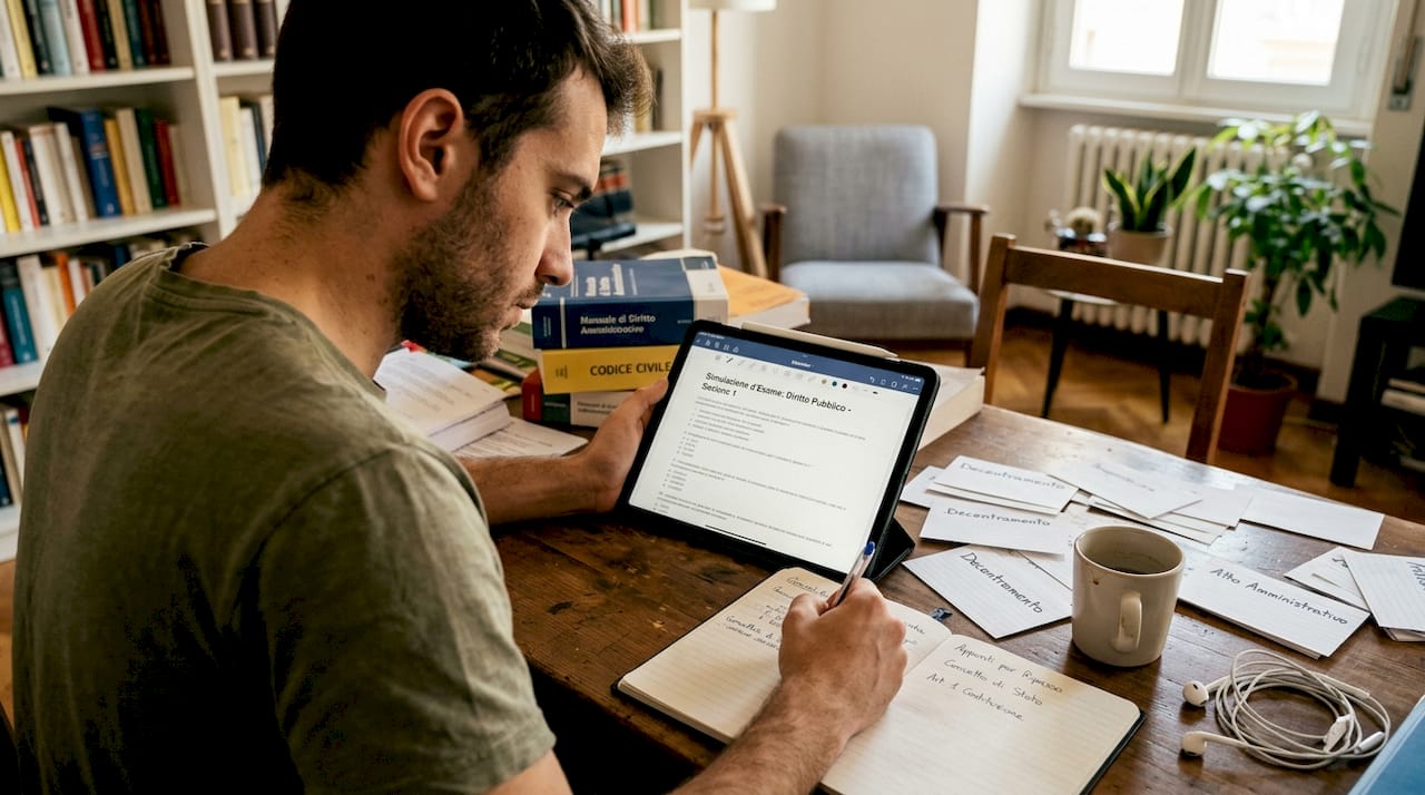 Prova d'esame simulata comodamente a casa, seduto al tavolo