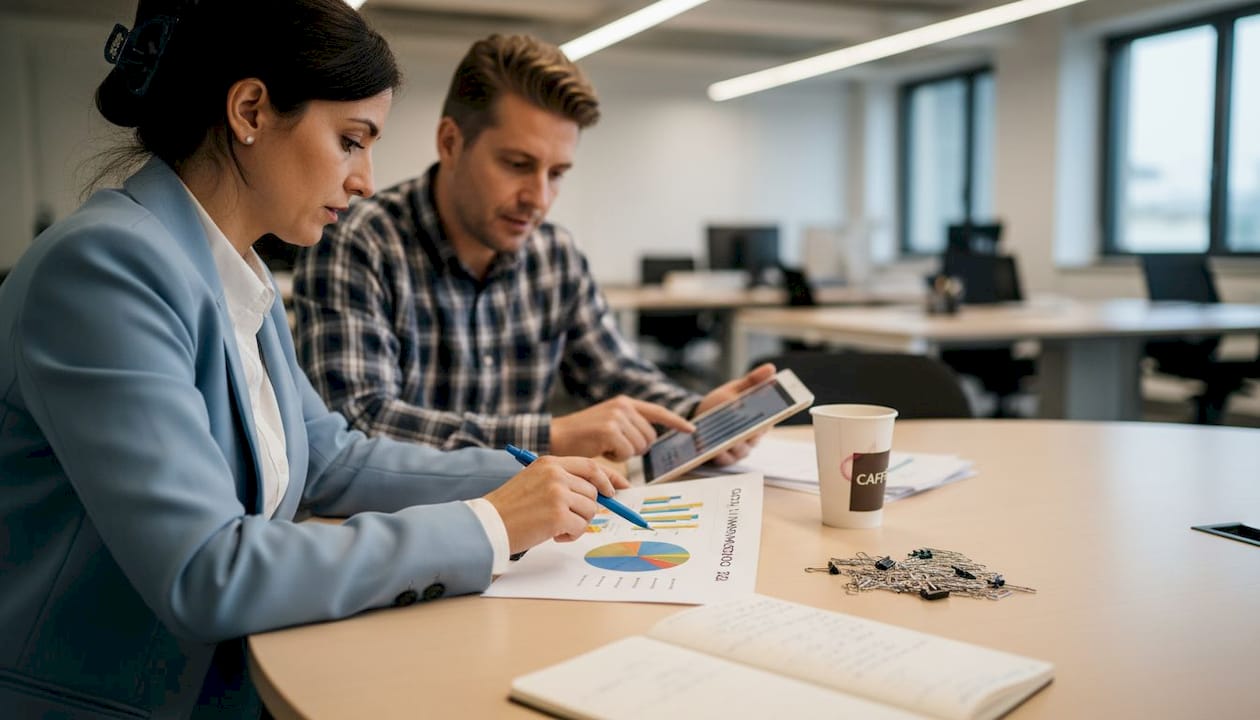 Colleghi che analizzano insieme un grafico di mercato stampato